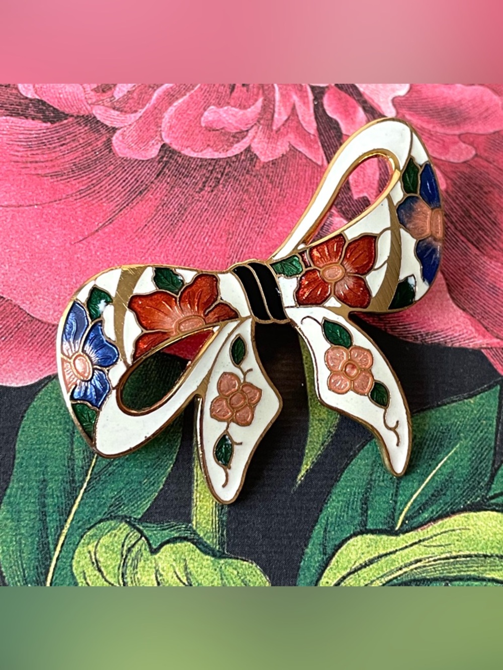Vintage cloisonné & goldtone enamel bow brooch